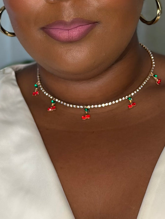 Rhinestone Cherry Choker Cherry Necklace Red Cherries Summer Jewelry Rhinestone Choker Gold Plated