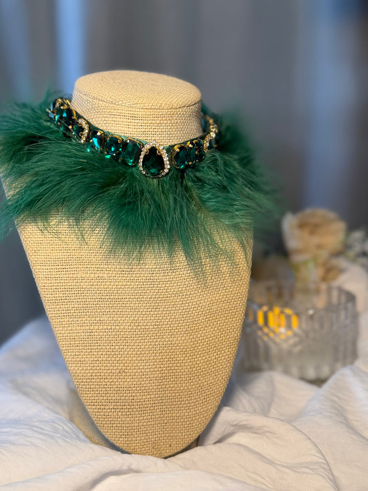 Gemstone Necklace Emerald Green Fur Rhinestone Choker Necklace, Fluffy Neck Accessory, Birthday Outfit Jewelry, Party & Photoshoot Look
