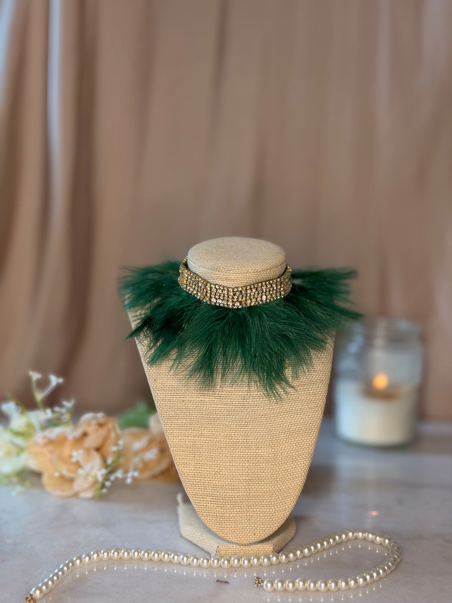 Green Statement Choker Necklace, Holiday Party Jewelry, Christmas Outfit Accessory, Bold Glam Necklace Fur Choker
