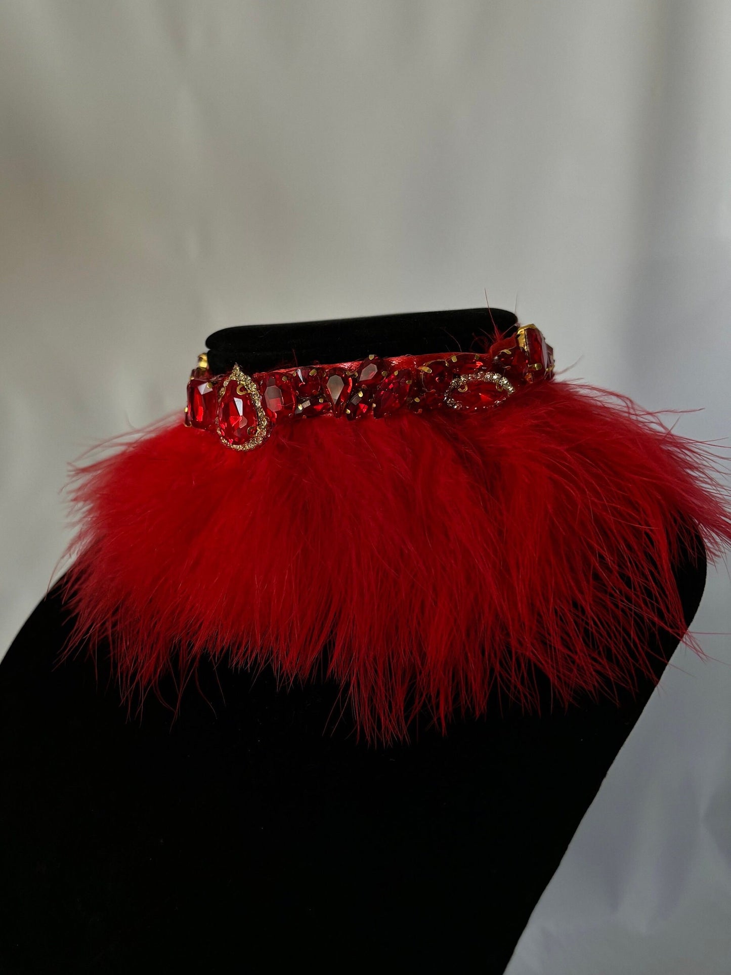 Ruby gemstones encrusted with gold rhinestone red fur choker necklace