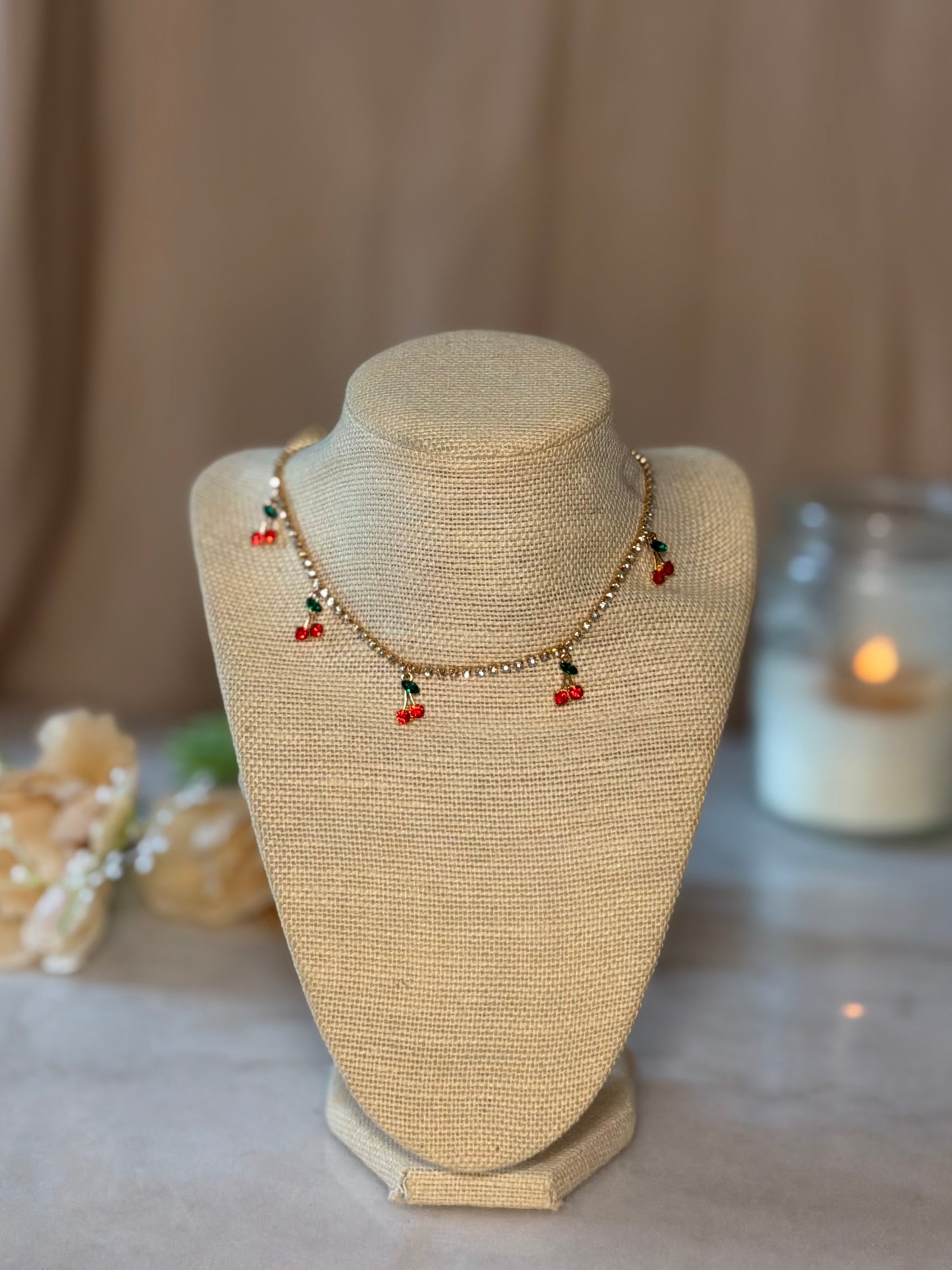 Rhinestone Cherry Choker Cherry Necklace Red Cherries Summer Jewelry Rhinestone Choker Gold Plated