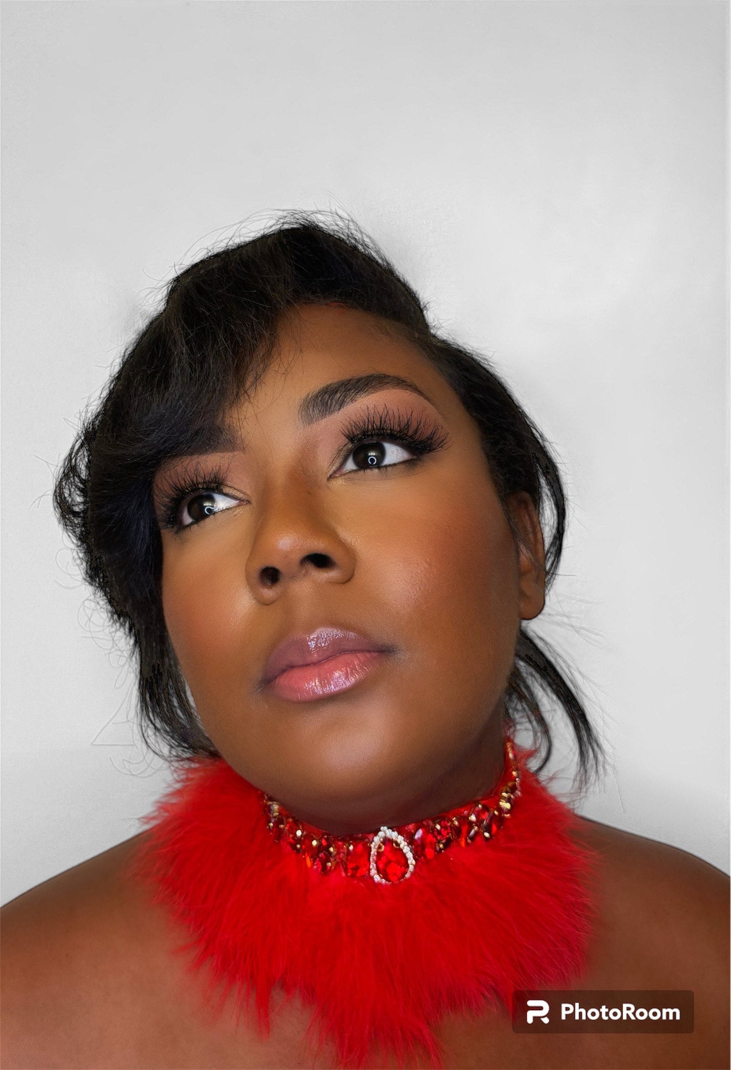 Ruby gemstones encrusted with gold rhinestone red fur choker necklace