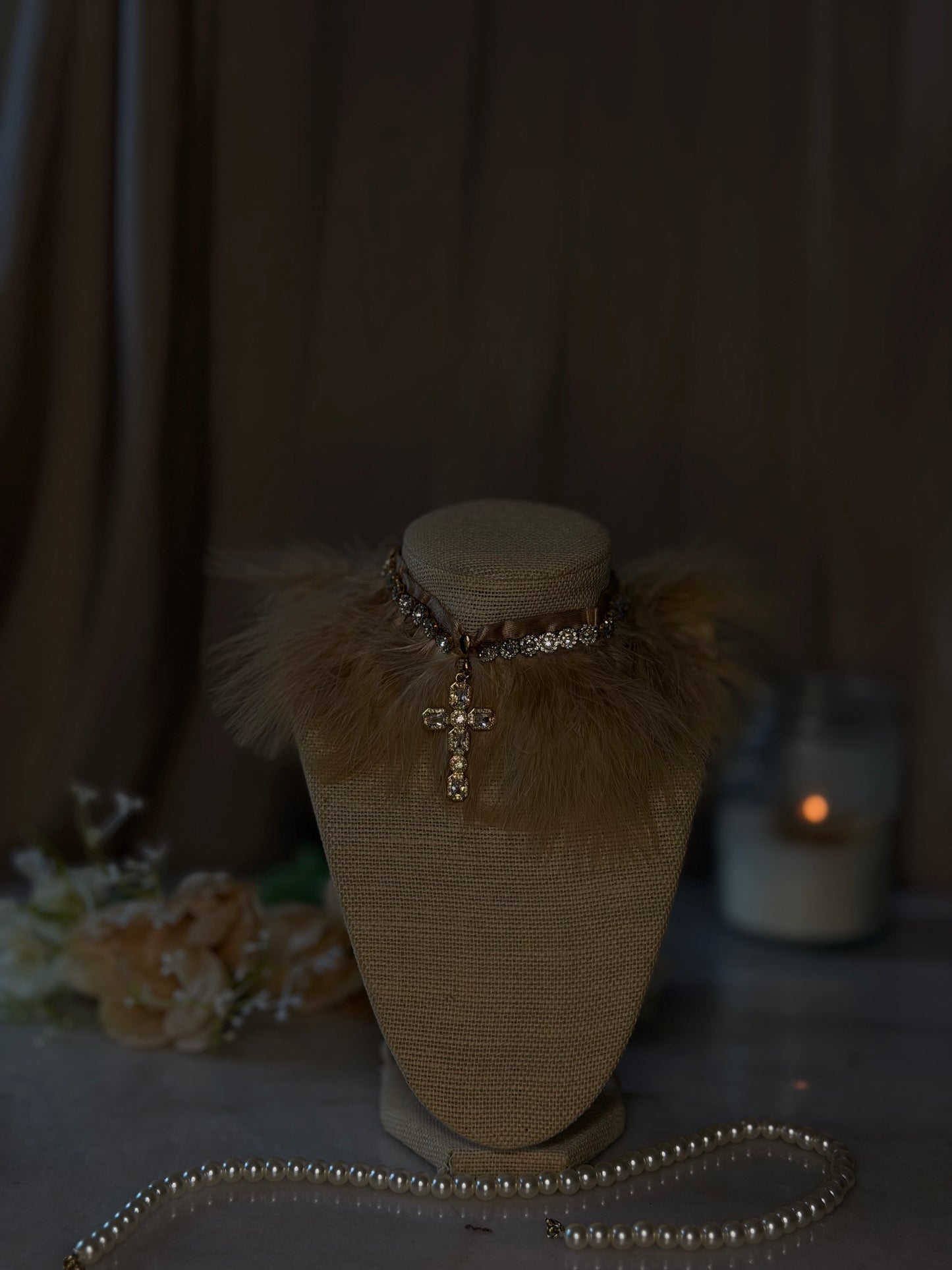 Beige Fur Choker Necklace | Romantic Statement Necklace | Birthday Outfit Jewelry | Soft Glam Rhinestone Choker