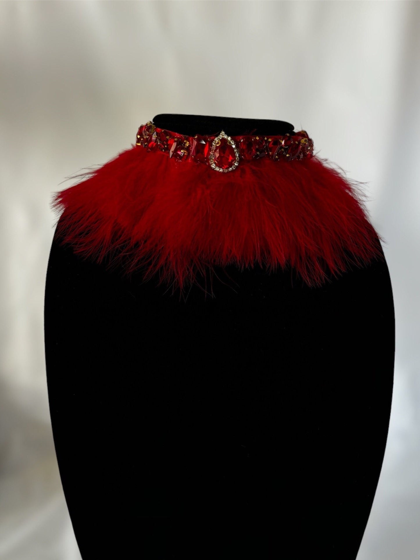 Ruby gemstones encrusted with gold rhinestone red fur choker necklace