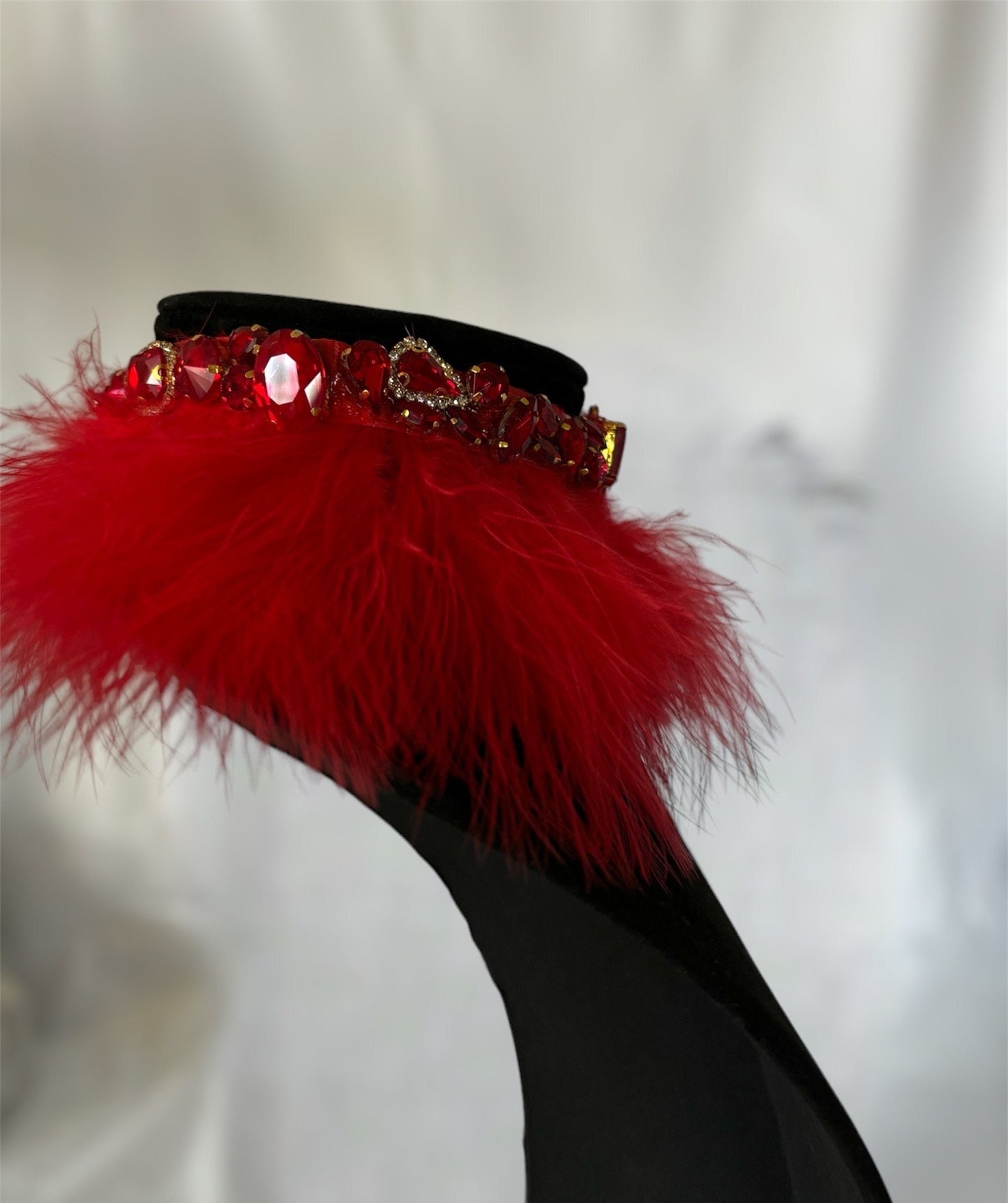 Ruby gemstones encrusted with gold rhinestone red fur choker necklace