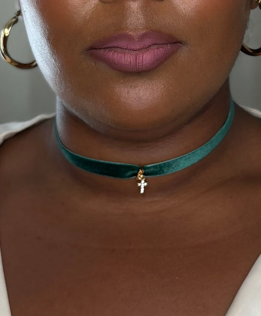Green Velvet Choker with Pendant | Charm Choker