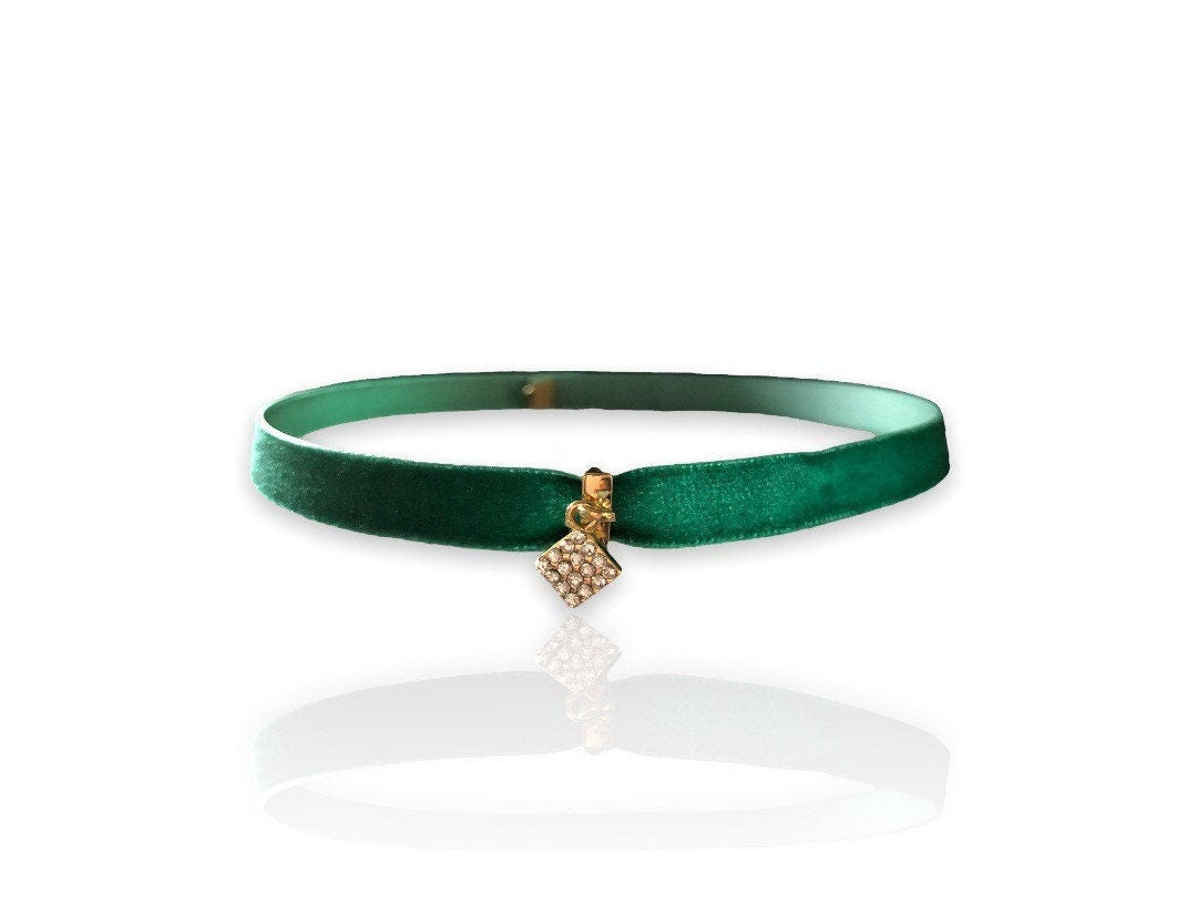 Green Velvet Choker with Pendant | Charm Choker