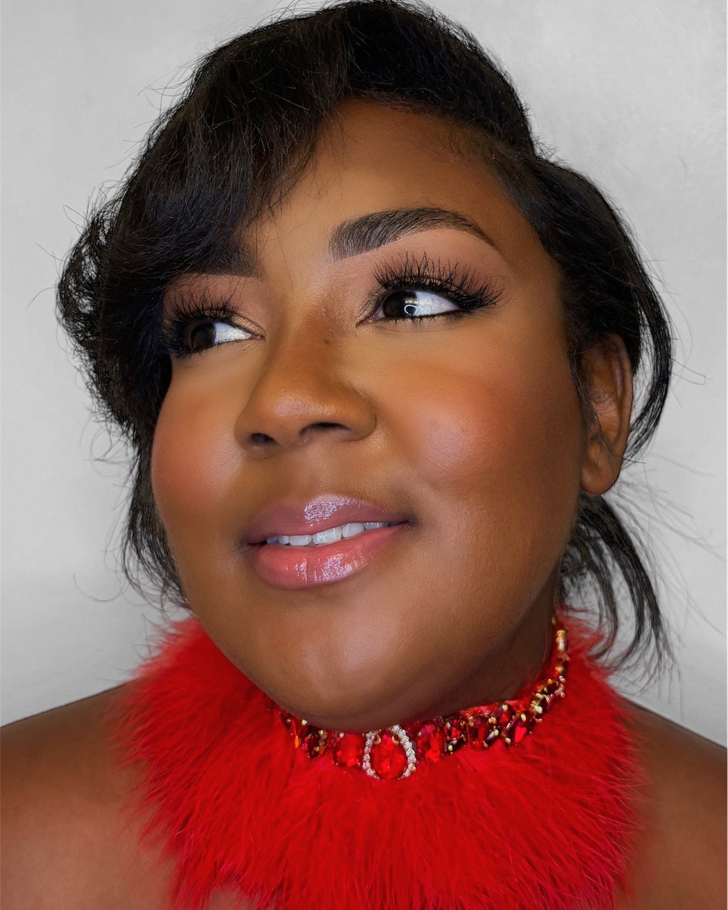 Ruby gemstones encrusted with gold rhinestone red fur choker necklace