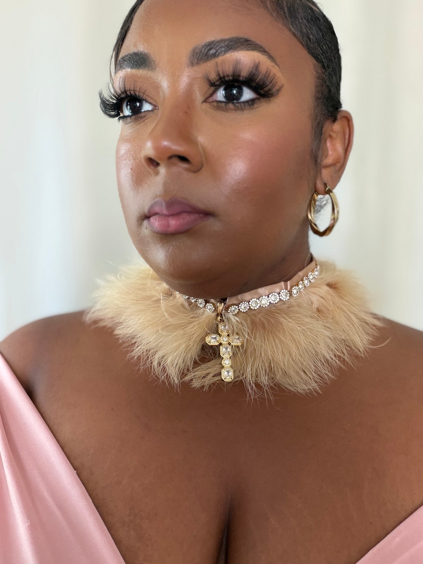 Beige Fur Choker Necklace | Romantic Statement Necklace | Birthday Outfit Jewelry | Soft Glam Rhinestone Choker