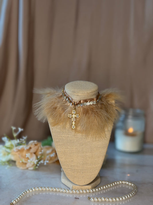 Beige Fur Choker Necklace | Romantic Statement Necklace | Birthday Outfit Jewelry | Soft Glam Rhinestone Choker