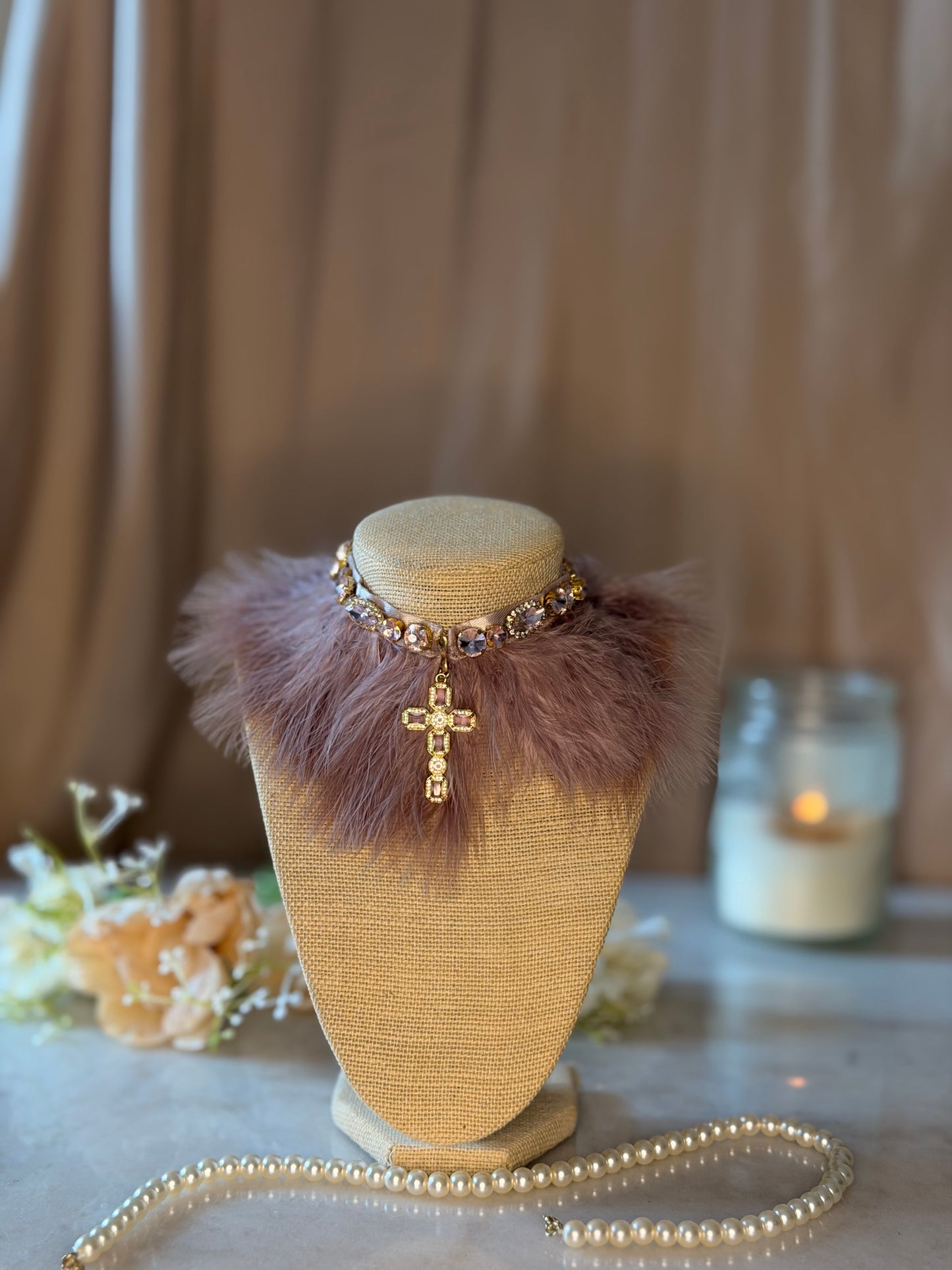 Mauve Pink Fur Choker Necklace | Romantic Statement Necklace | Birthday Outfit Jewelry | Soft Glam Rhinestone Choker