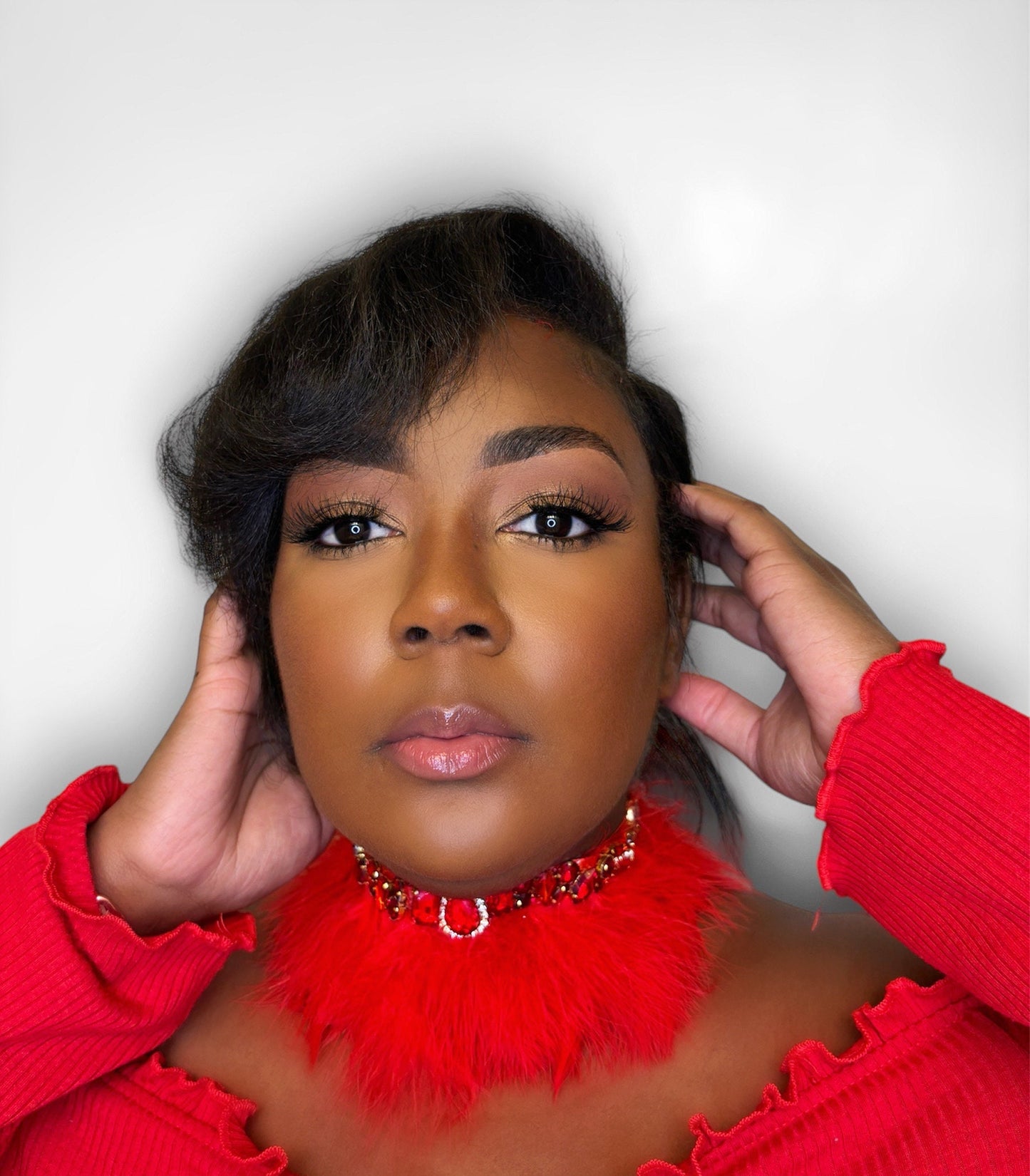 Ruby gemstones encrusted with gold rhinestone red fur choker necklace