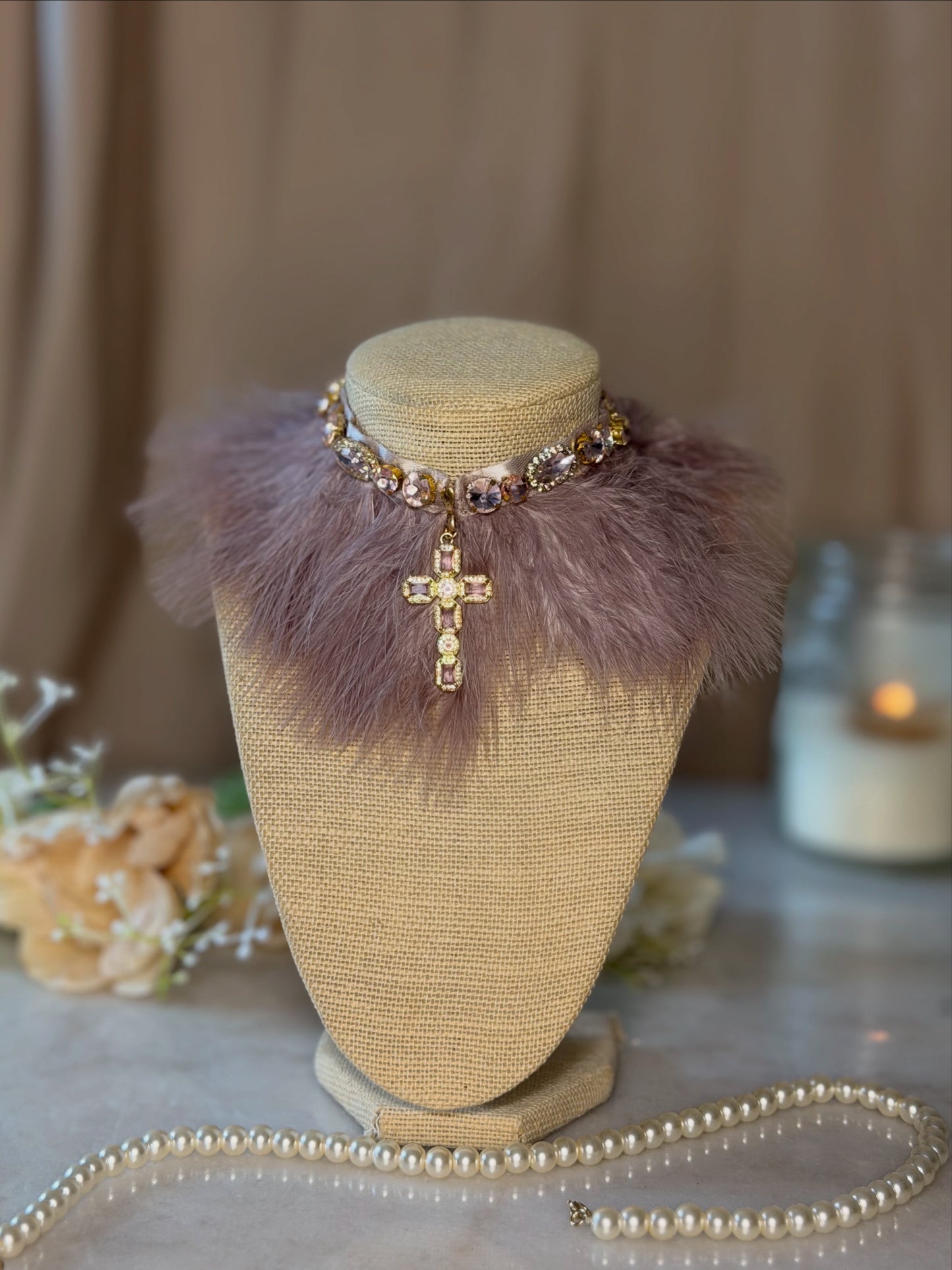 Mauve Pink Fur Choker Necklace | Romantic Statement Necklace | Birthday Outfit Jewelry | Soft Glam Rhinestone Choker