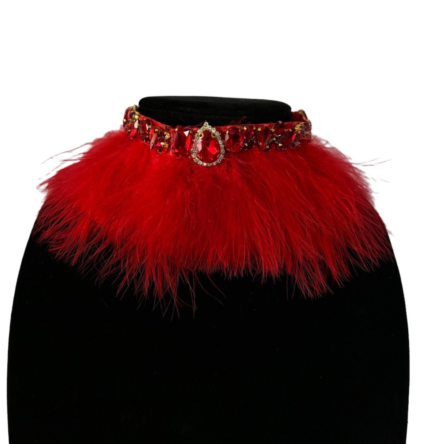 Ruby gemstones encrusted with gold rhinestone red fur choker necklace