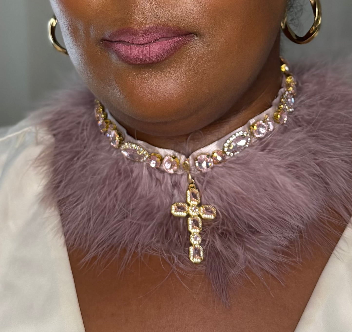 Mauve Pink Fur Choker Necklace | Romantic Statement Necklace | Birthday Outfit Jewelry | Soft Glam Rhinestone Choker