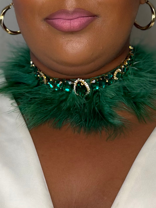 Gemstone Necklace Emerald Green Fur Rhinestone Choker Necklace, Fluffy Neck Accessory, Birthday Outfit Jewelry, Party & Photoshoot Look