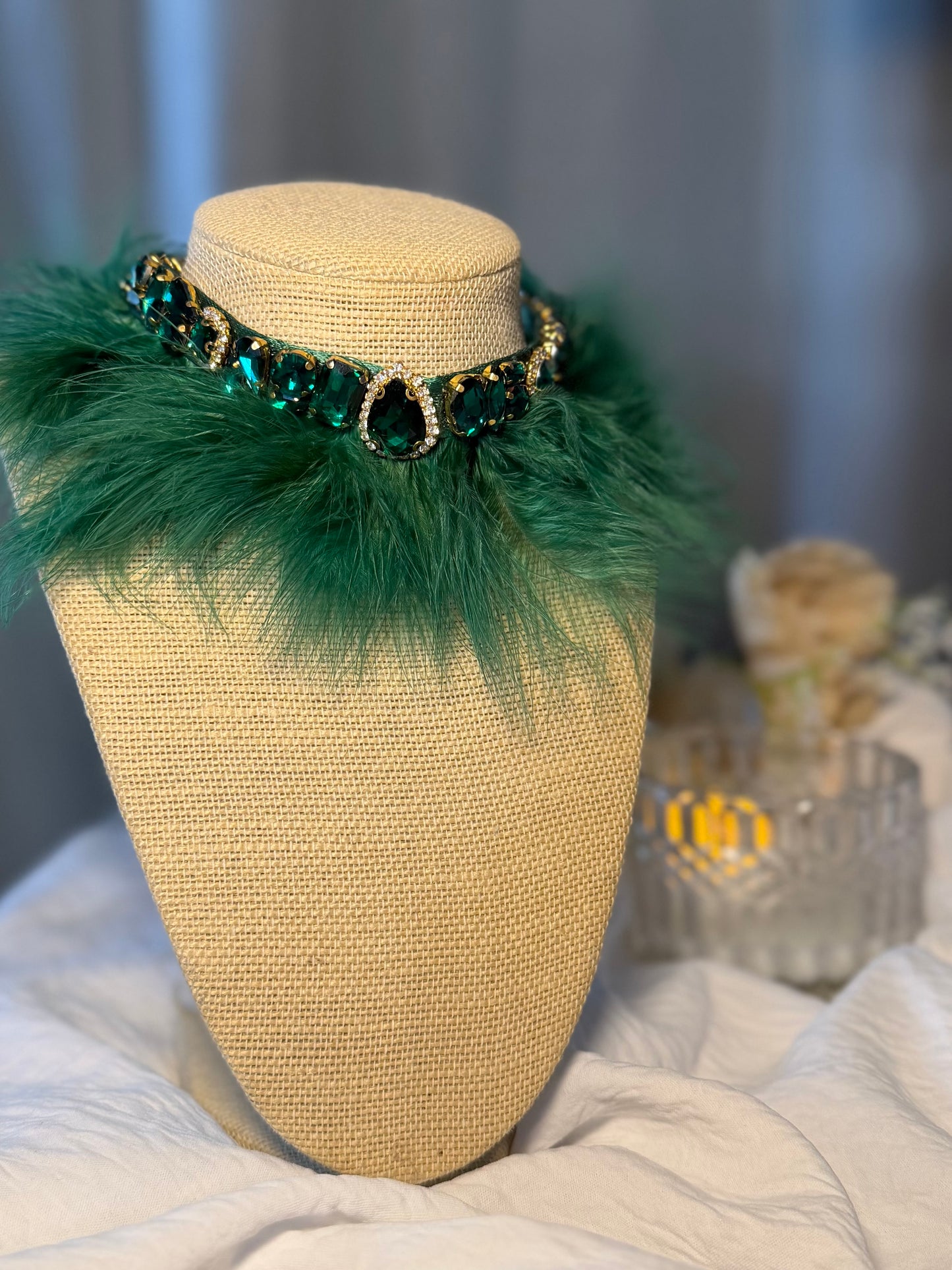 Gemstone Necklace Emerald Green Fur Rhinestone Choker Necklace, Fluffy Neck Accessory, Birthday Outfit Jewelry, Party & Photoshoot Look