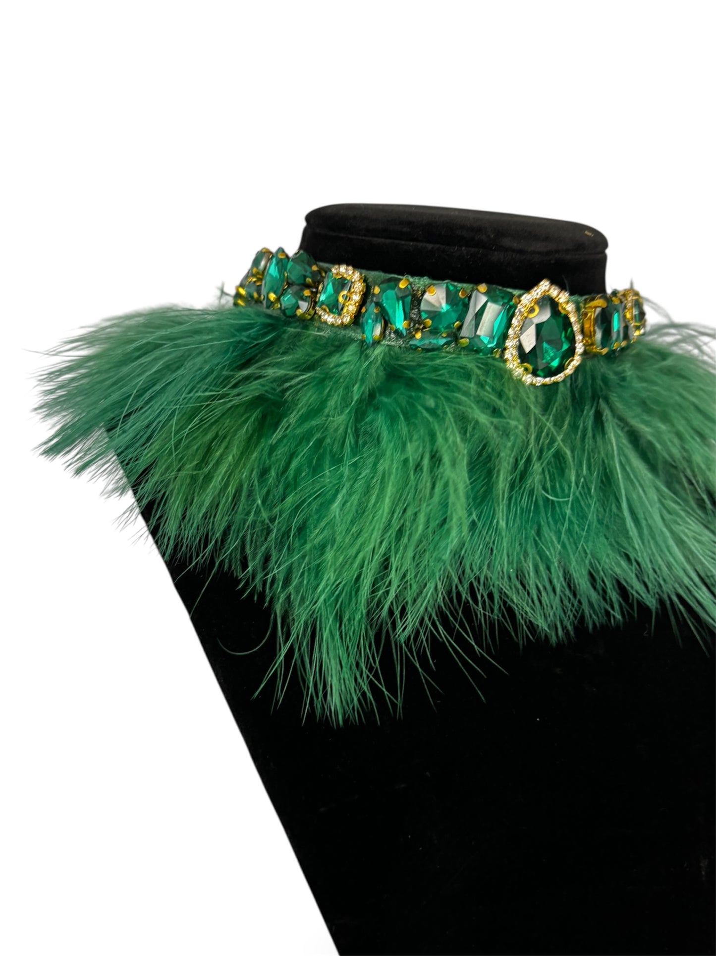Gemstone Necklace Emerald Green Fur Rhinestone Choker Necklace, Fluffy Neck Accessory, Birthday Outfit Jewelry, Party & Photoshoot Look
